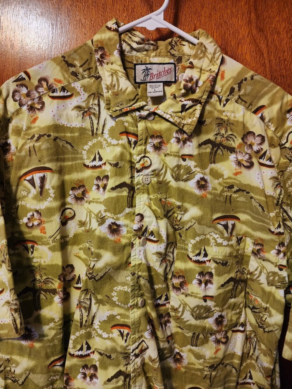Men's Large Britches Great Outdoors Green Floral Hawaiian Short Sleeve Shirt